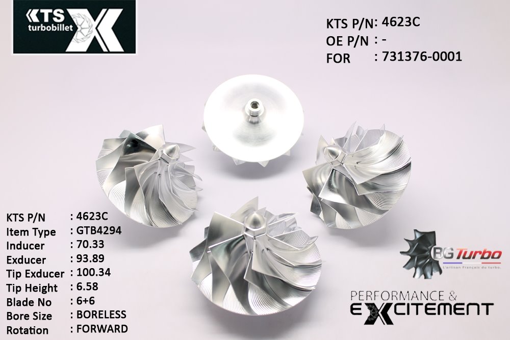 Turbo ROUE FORGÉE MFS PERFORMANCE - 6+6 PALES - INDUCER : 70,33 - EXDUCER : 93,89 - TYPE : GT4294ANGLE : 60° - ROTATION : Forward - SUPER BACK : 20,83 - BORE SIZE : 8,27
